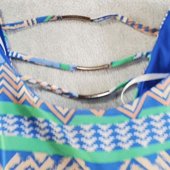 City Triangles Dress Women Small Blue Aztec Print Front Belted Round Neck Mini - Picture 7 of 11